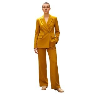 Everlynn Women Mustard Yellow Double Breasted Blazer Flare Pant Suit Career SZ M